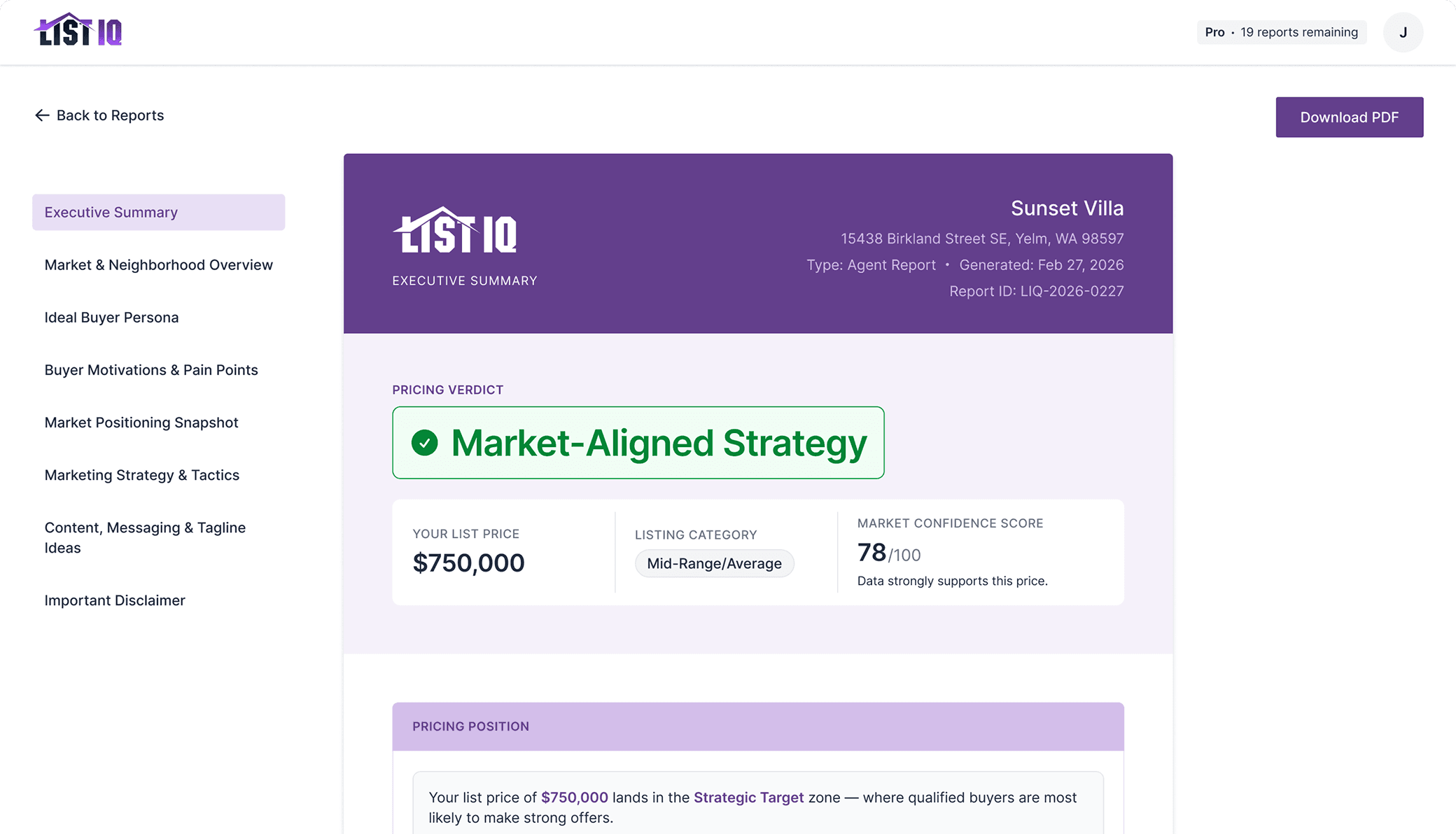 List IQ report preview showing executive summary, pricing verdict, and market positioning information